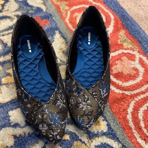 Birdies Blue and Gold Woven Pointed Flats